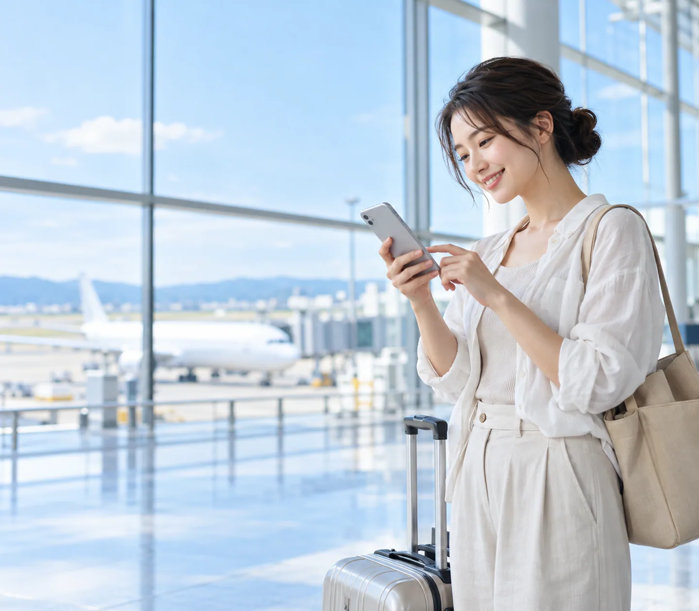 空港でスマートフォンを確認する旅行者のイメージ
